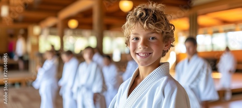 Smiling european boy engaged in judo or karate training lesson with space for text placement