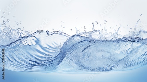 Tranquil blue water wave abstract background with splashes and drops on white surface