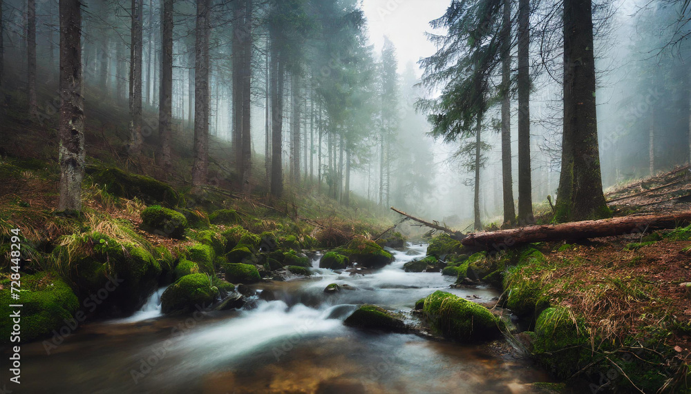 Obraz premium River in a foggy forest, misty landscape