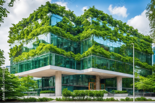 Modern and environmentally friendly high-rise glass curtain wall building with plant-filled exterior walls