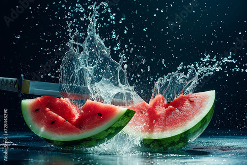 watermelon slices with knife and water drops and splashes on dark blue background