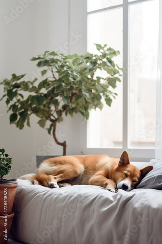 red domestic dog sleeps in bed