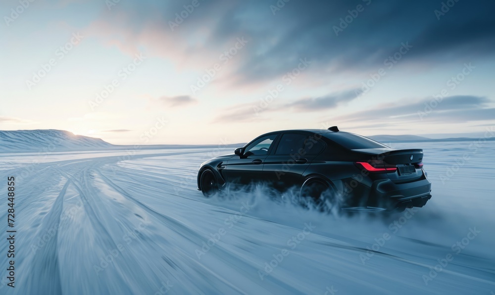 Naklejka premium Black modern powerful car driving fast on snow and drifting with amazing backgorund