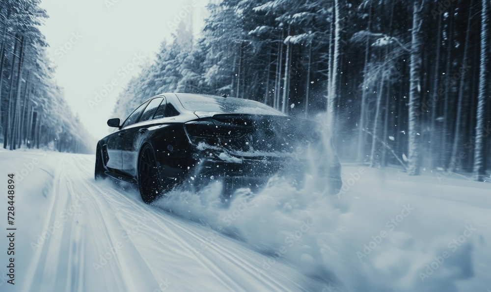 Black modern powerful car driving fast on snow and drifting with amazing backgorund