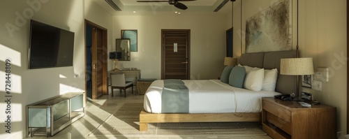 An architectural photograph of an elegant minimalist luxury design hotel room in a hotel. © Daniela