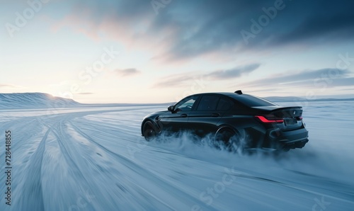 Black modern powerful car driving fast on snow and drifting with amazing backgorund