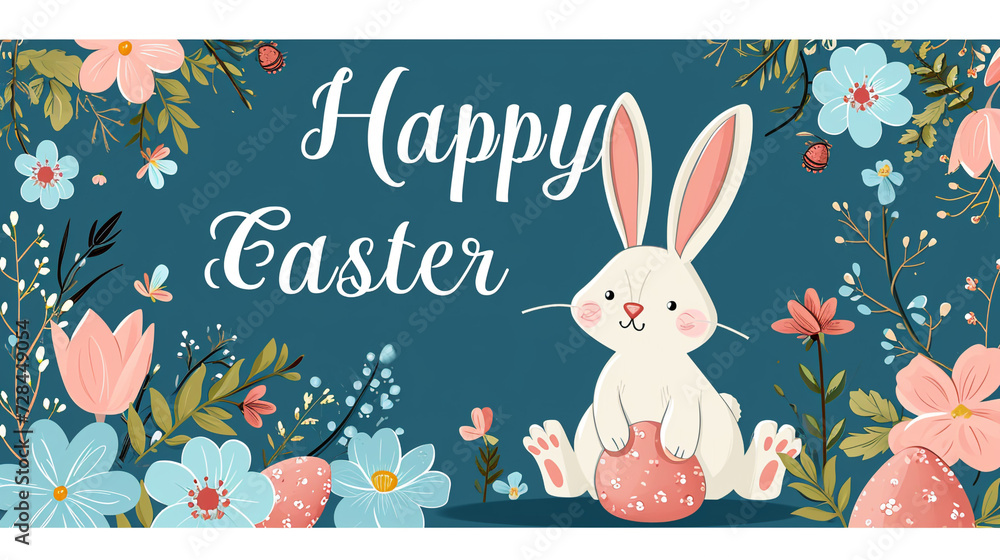 
Easter poster with a bunny, flowers and eggs, pastel colors, modern, black background with text: 