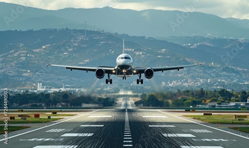 An airplane is landing on runway, amazing afternoon sun shining background .