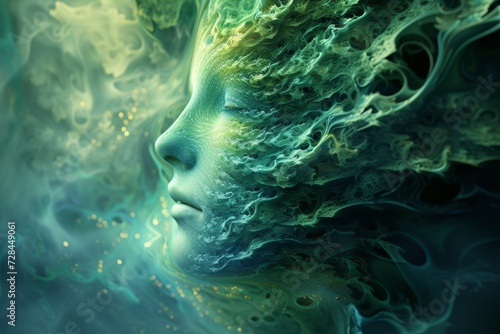 Psychedelic Fractal Portrait Exploring Consciousness in Green and Blue © Asiri