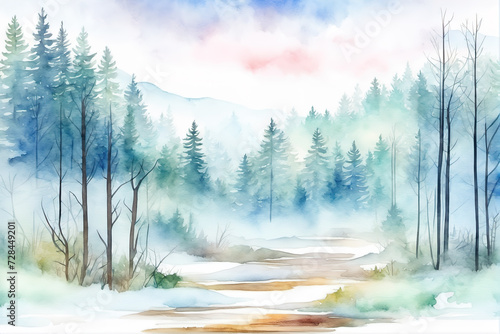 Scenic mountain forest watercolor painting