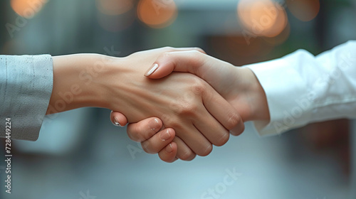 Close-up of a young businesswoman's hand shaking another hand, agreement concept, solid silver background. 