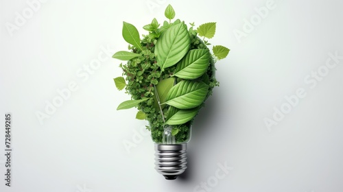 Creative Green Energy Concept: Eco-Friendly Light Bulb Filled with Lush Leaves. Concept of Renewable Energy, Sustainable Living, Environmental Conservation, Global Warming. Green Energy Light Bulb