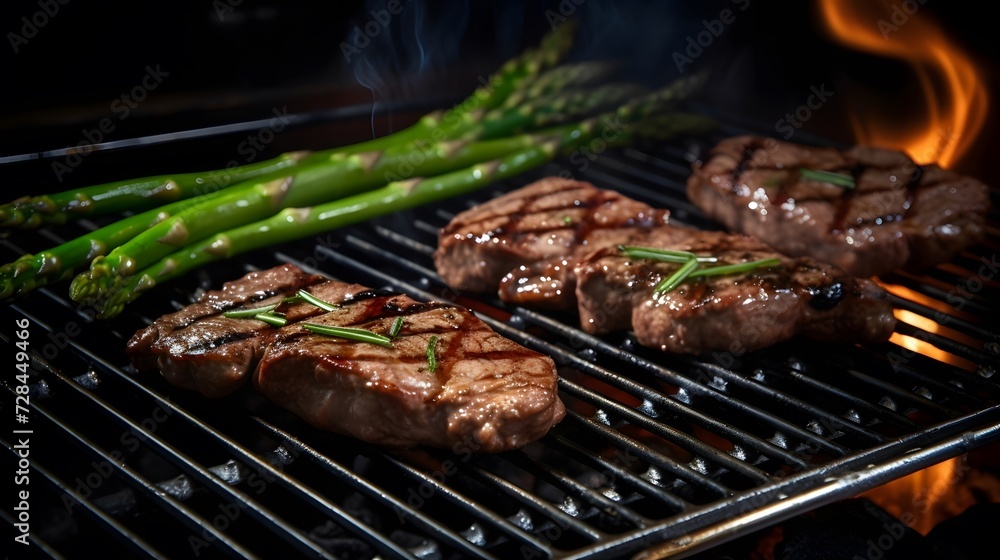 Meat and spring onion on grill