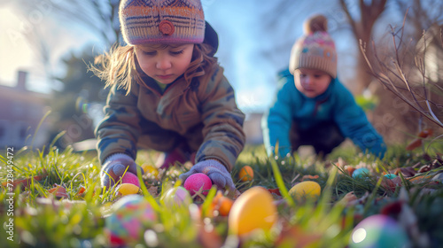 Easter egg hunt, children looking for easter eggs in garden
