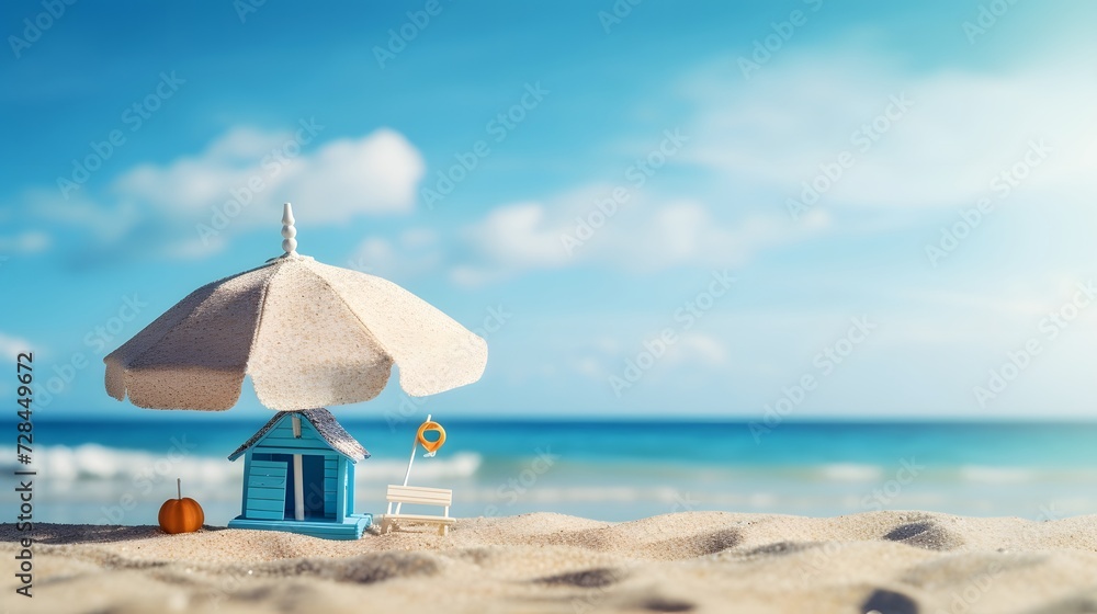 Miniature house and umbrella on beach blue sea and sky on blurred background