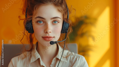 Portrait of a young businesswoman with a headset, ready for a video call, solid orange background. 
