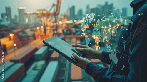 Double exposure of Businessman working with digital tablet and Cargo freight ship in shipyard, logistic and transportation concept .