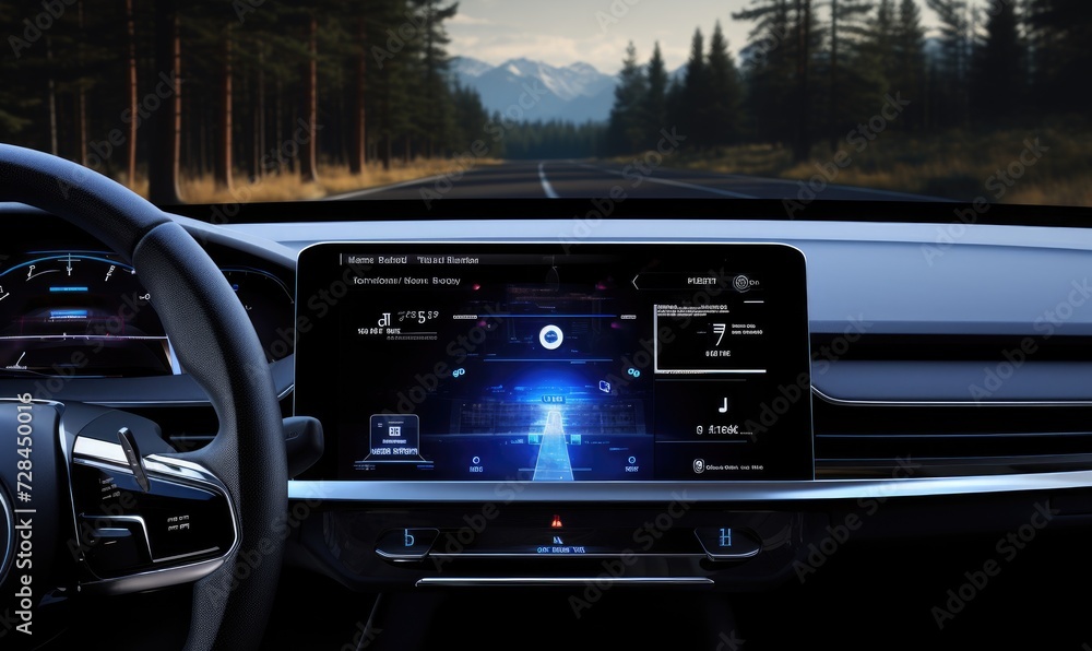 First person view from modern car cockpit with digital car data and driving information.