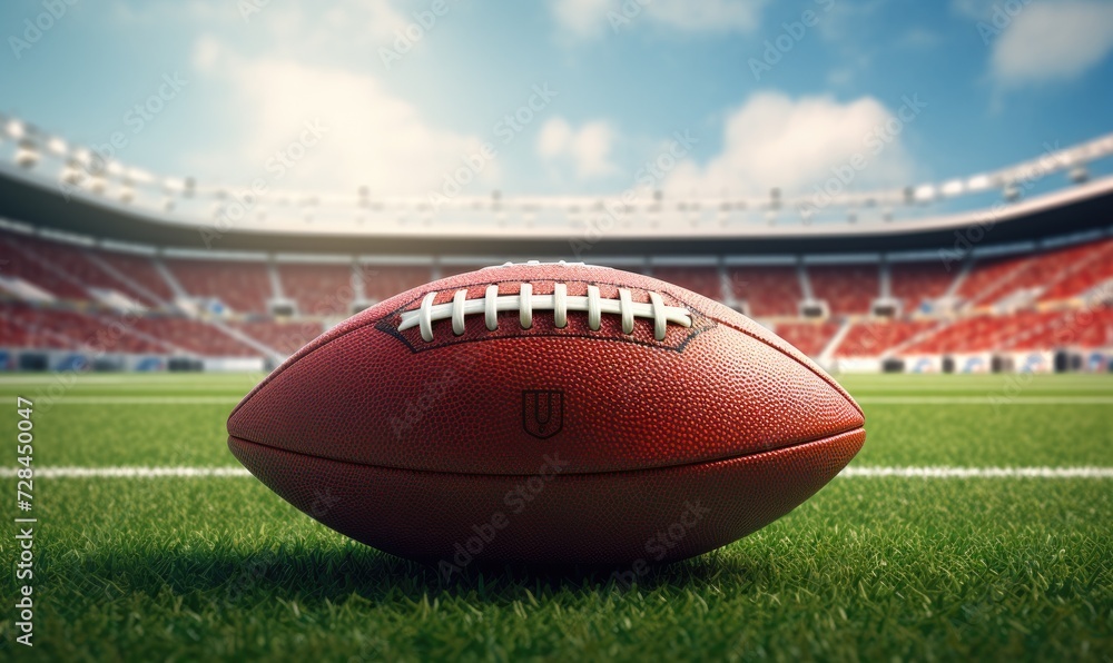 Ball for american football in amazing green grass of american football field .