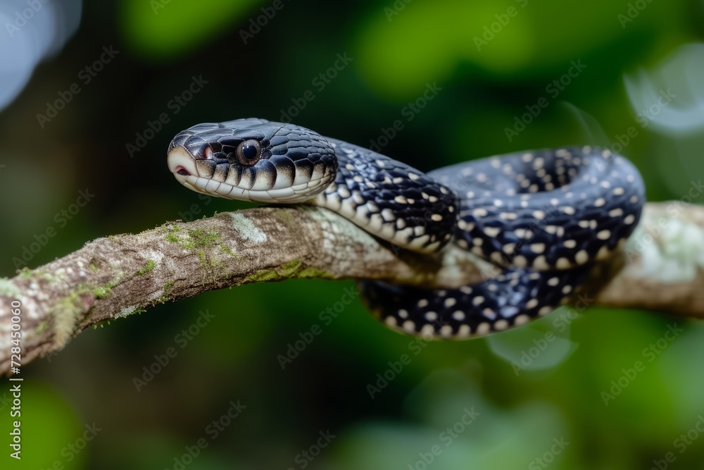 Black snake on a branch defocused green background. Black snake on a branch defocused green background.