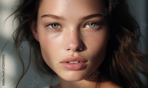 Close-up shot of pretty young model, skincare campaign concept.