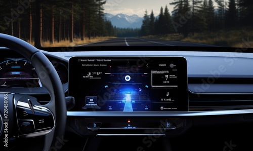 First person view from modern car cockpit with digital car data and driving information.