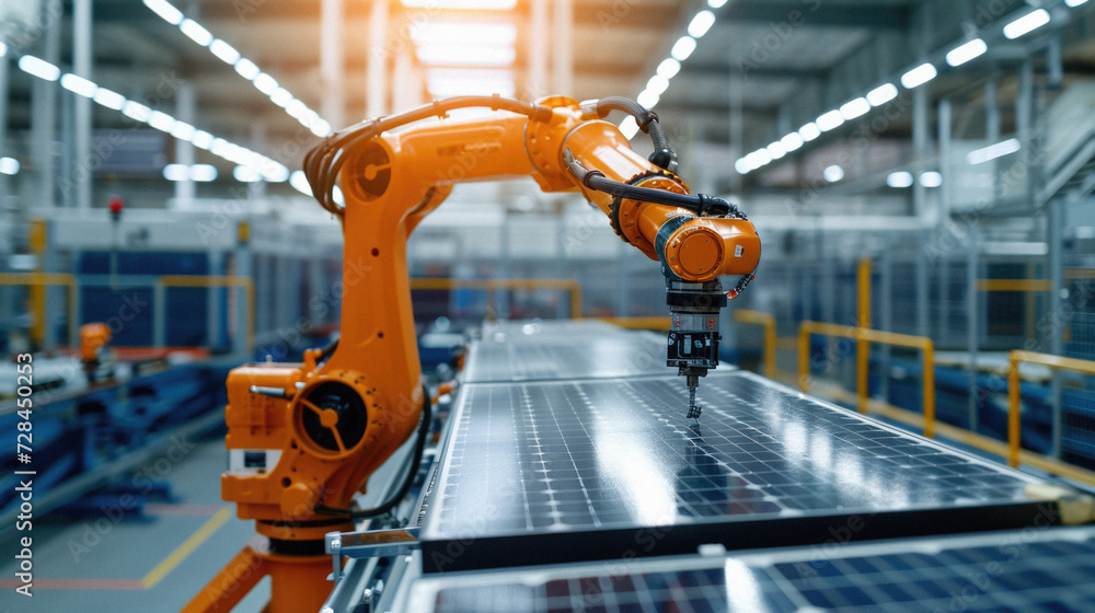 Smart industry robot arm working on assembly line in factory. Concept ...
