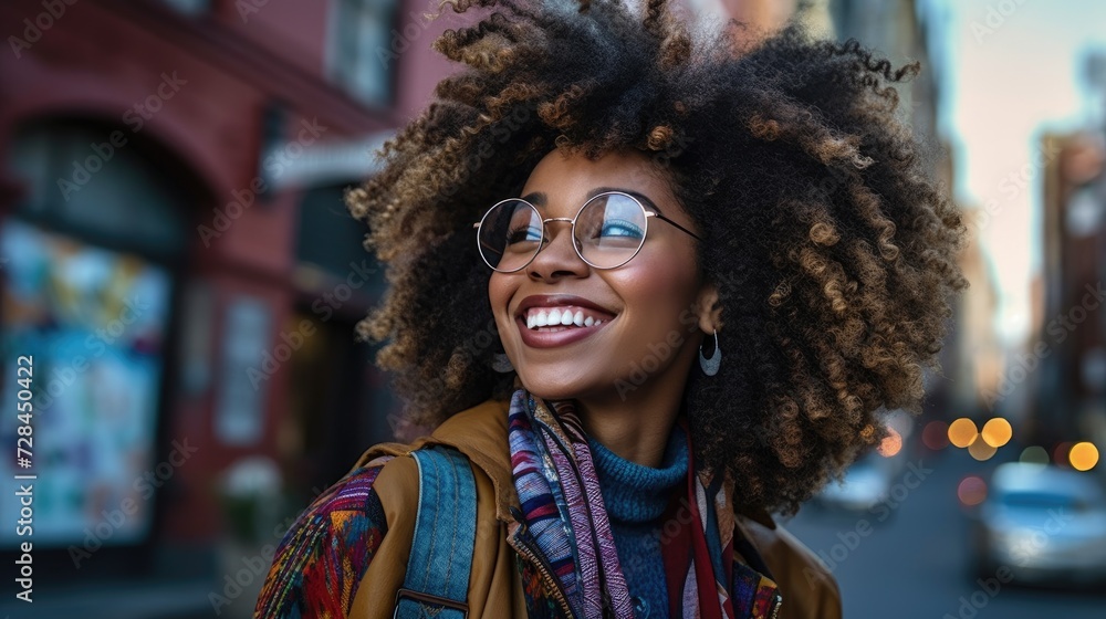 Portrait of a smiling young pretty african american woman wearing glasses in the city.