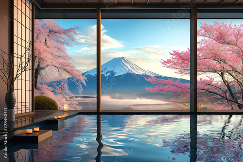Japanese outdoor hot springs  Onsen  overlooking Mount Fuji and Sakura tree from luxury hotel room