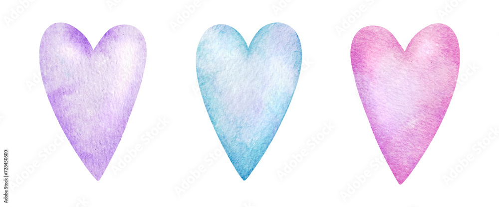 Set of pink, purple and blue hearts. Isolated watercolor illustration for logo, kid's goods, cards, clothes, textiles, postcards, poster Set of pink, purple and blue hearts. Isolated watercolor illustration for logo, kid's goods, cards, clothes, textiles, postcards, poster
