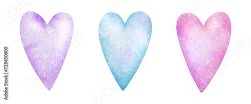 Set of pink, purple and blue hearts. Isolated watercolor illustration for logo, kid's goods, cards, clothes, textiles, postcards, poster