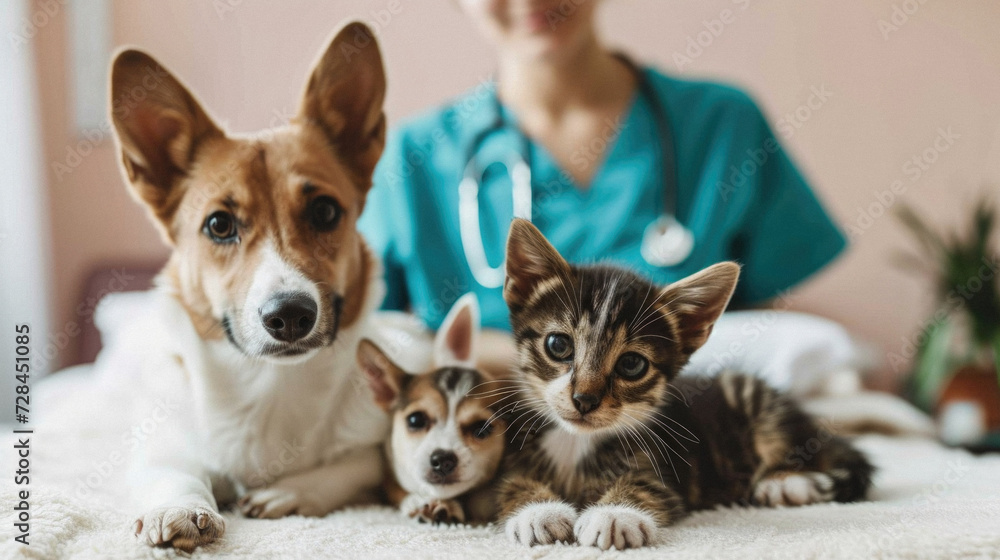 Veterinarian with cat and dog at vet clinic. Veterinary medicine .