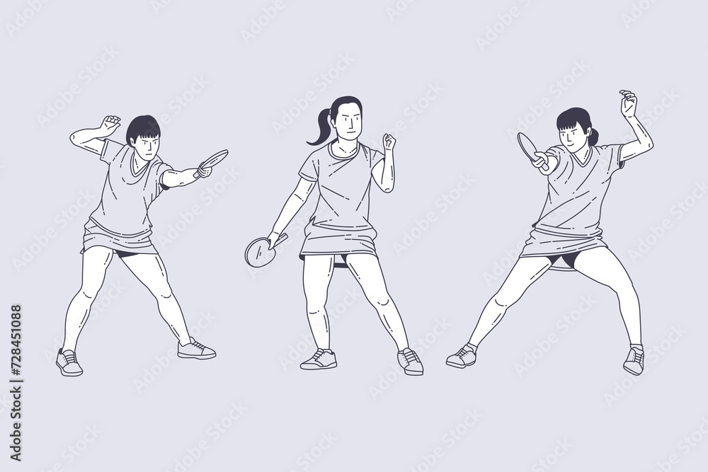 Set of outline illustrations of ping pong players