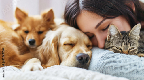 Beautiful woman with her dog and cat lying on the bed .