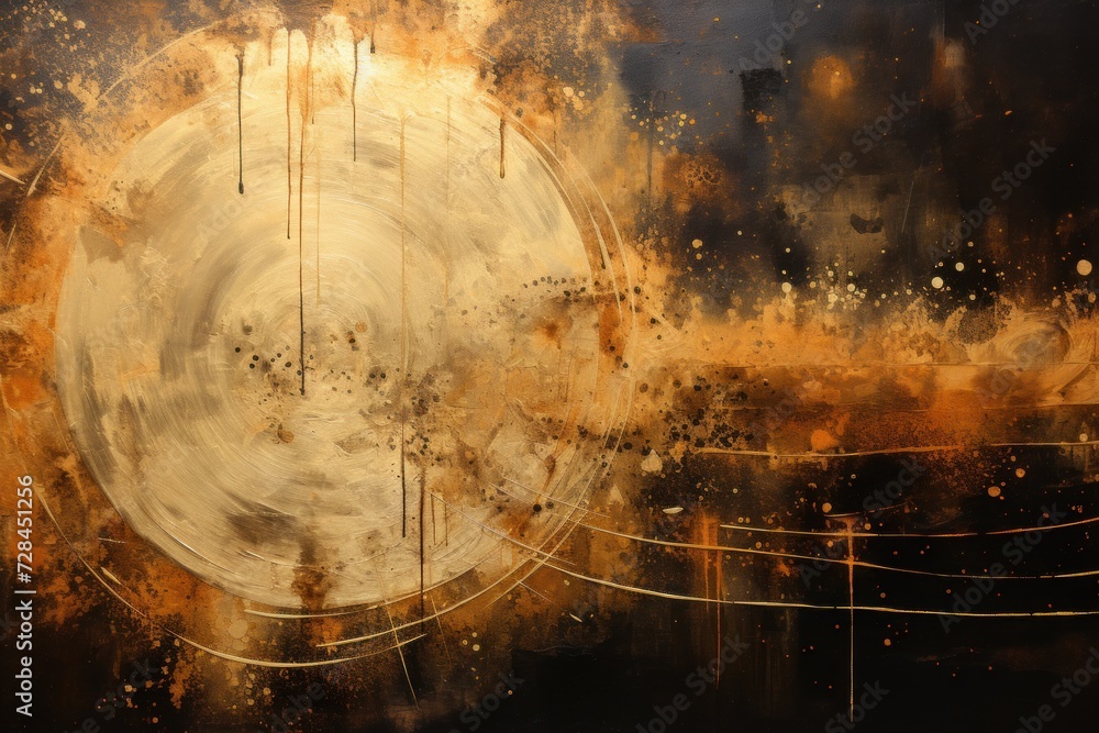An evocative abstract piece with a golden moon against a dark cosmic backdrop, full of mystery and allure.