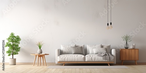 Large white living room with gray sofa, wooden table, carpet, small tree, mock-up wall, and copy space.