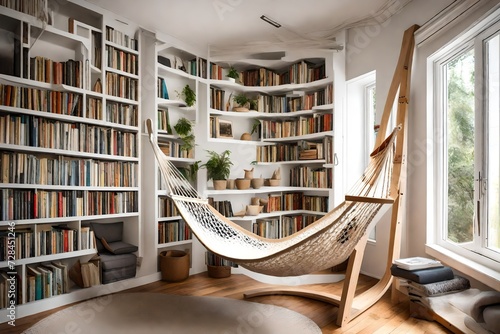 Design a cozy reading corner with a hammock chair and a dedicated bookshelf 