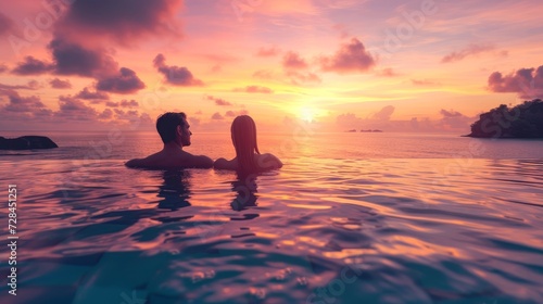 Romantic couple experiencing red sunset in luxury infinity pool