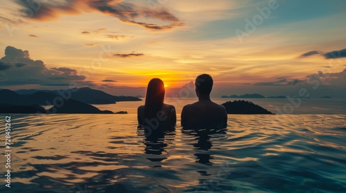 Romantic couple experiencing red sunset in luxury infinity pool