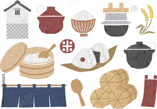 ご飯アイコン,お米,お釜,土鍋,お櫃など水彩画 photo