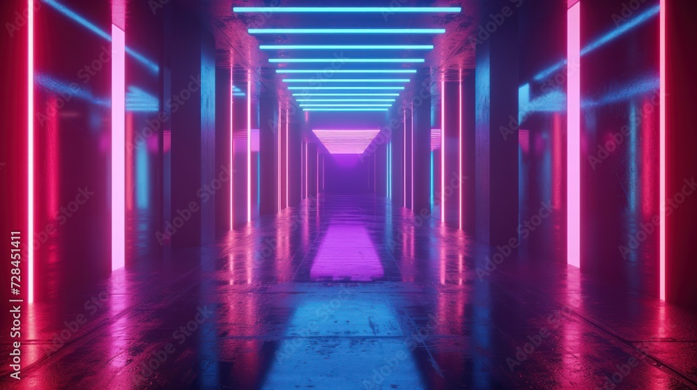 Neon lights in a corridor, reflections on the floor and walls, futuristic background