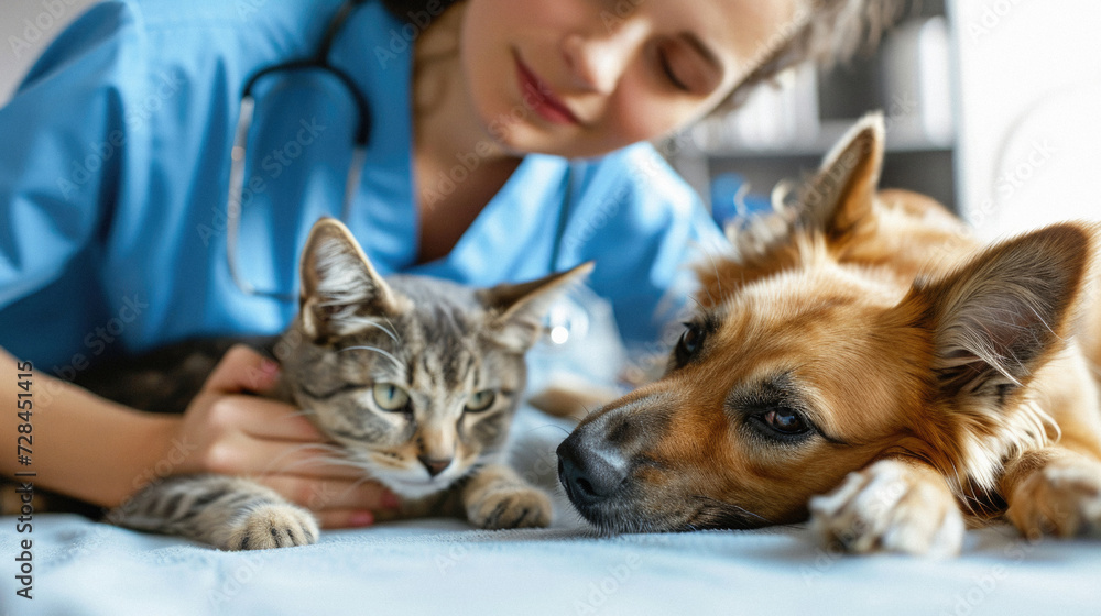 Veterinarian with cat and dog in vet clinic. Pet care concept Veterinarian with cat and dog in vet clinic. Pet care concept