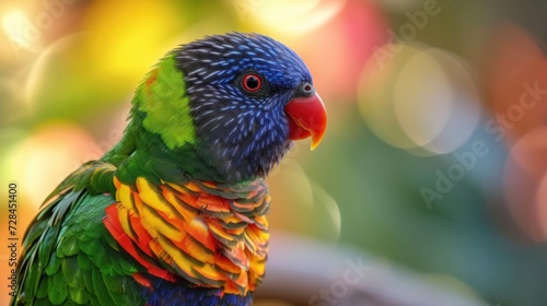 Side view of a beautiful colorful Papagai parrot bird in blurred background