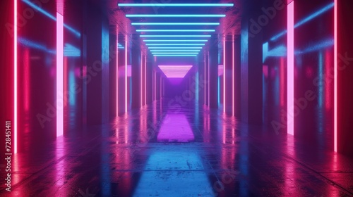 Neon lights in a corridor, reflections on the floor and walls, futuristic background