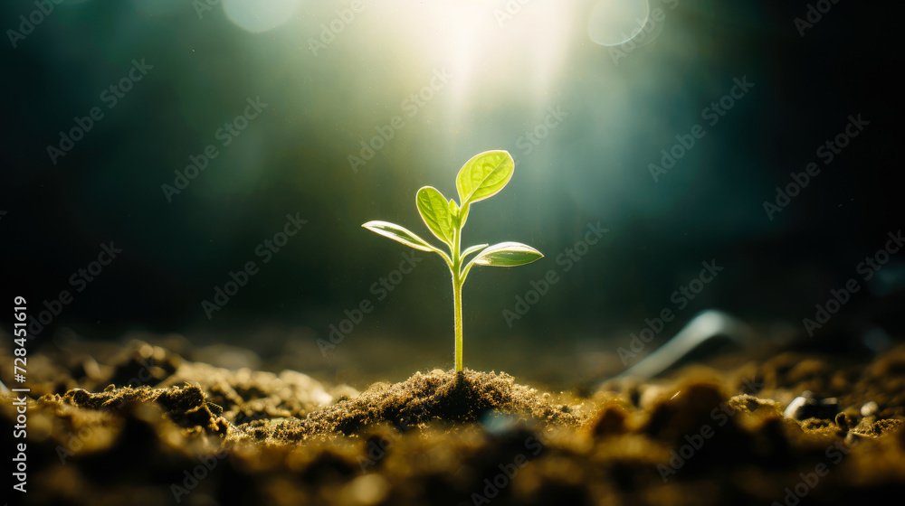Close-up sapling in the soil with sunray. Environmental conservation. Reforestation concept. Ecosystem restoration. 