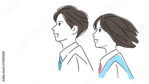 合唱祭で声をあわせて歌う男女の中学生、応援や声援を送る高校生の横顔、ベクターシンプルイラスト素材