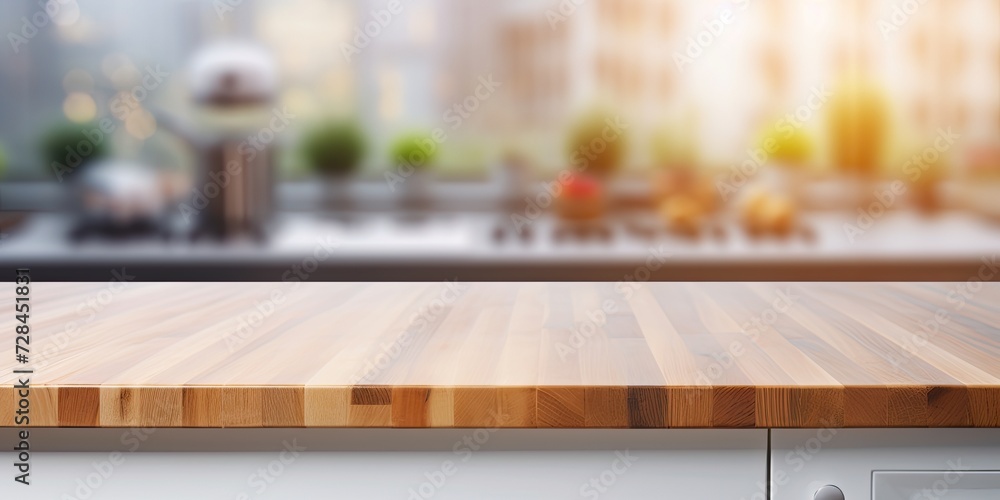 Clean and bright modern kitchen background with a beautiful wood table top counter and blurred bokeh, ready for product montage.