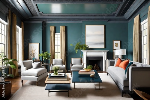 Design a statement ceiling with a bold paint color  wallpaper  or decorative molding 