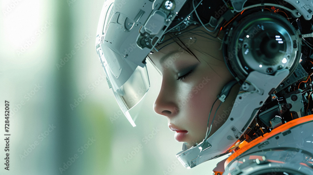 Close up of a female robot in futuristic environment . Close up of a female robot in futuristic environment .