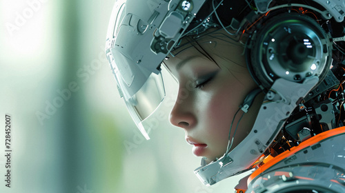 Close up of a female robot in futuristic environment .